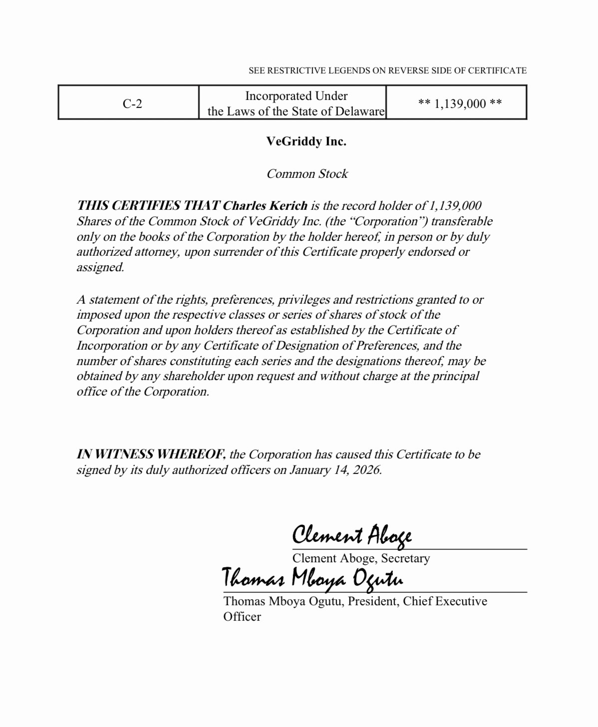 Charles Kerich VeGriddy Inc. stock certificate C-2 for 1,139,000 common shares, dated January 14, 2026