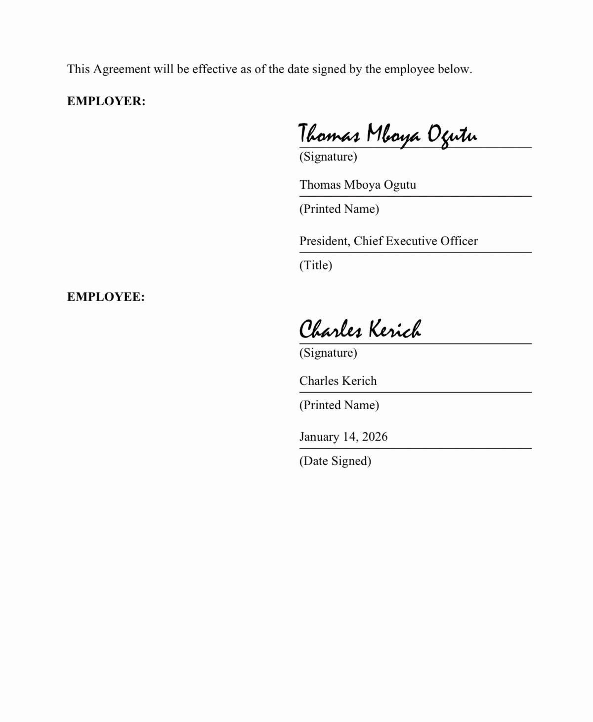 Charles Kerich VeGriddy Inc. employee agreement signature page signed by Charles Kerich and Thomas Mboya Ogutu, dated January 14, 2026