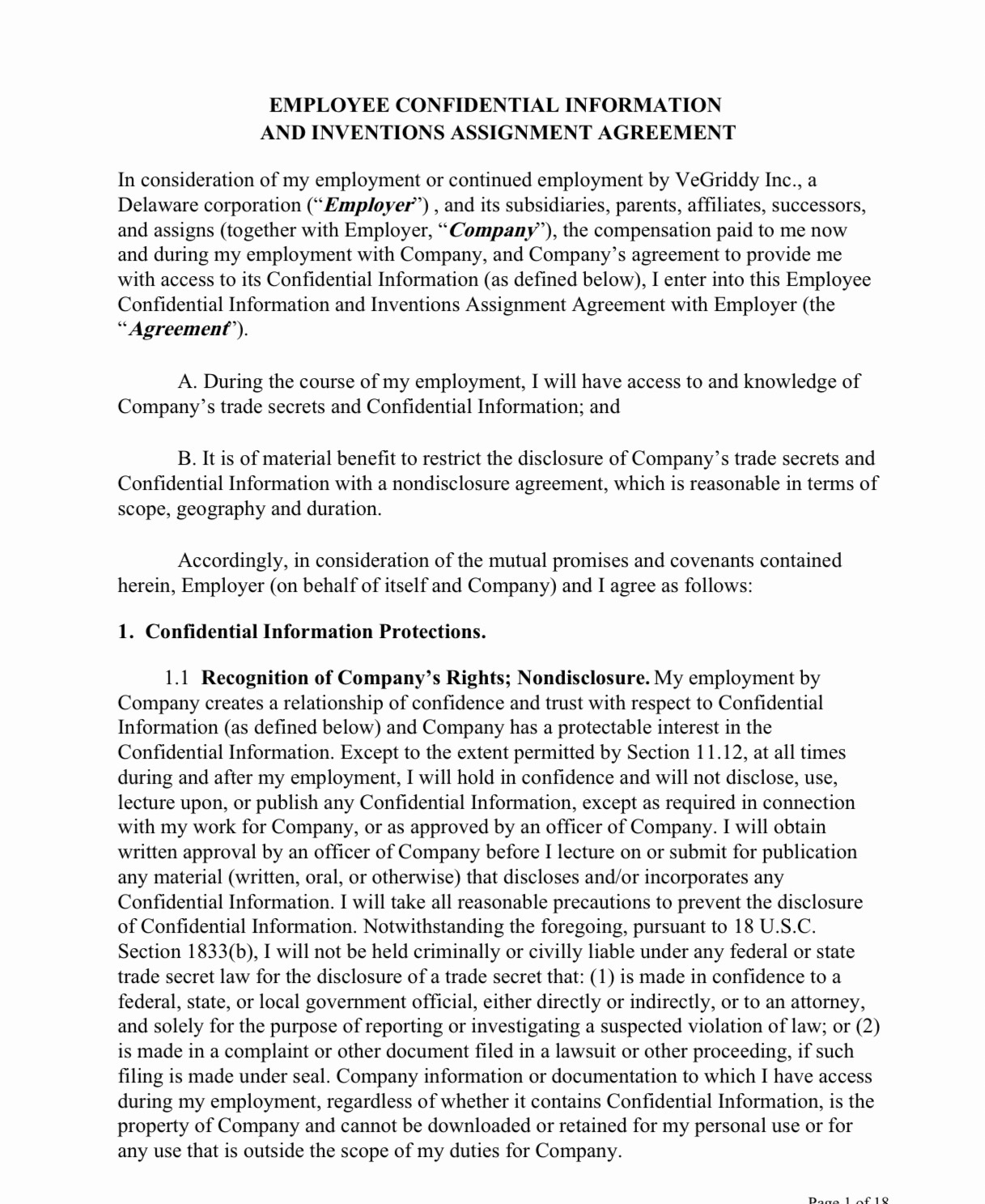Charles Kerich VeGriddy Inc. Employee Confidential Information and Inventions Assignment Agreement, first page, identifying VeGriddy Inc. as a Delaware corporation